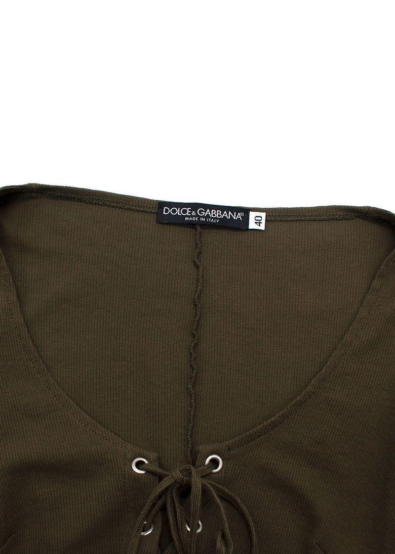 Dolce & Gabbana Khaki Ribbed Lace Up Detail Top