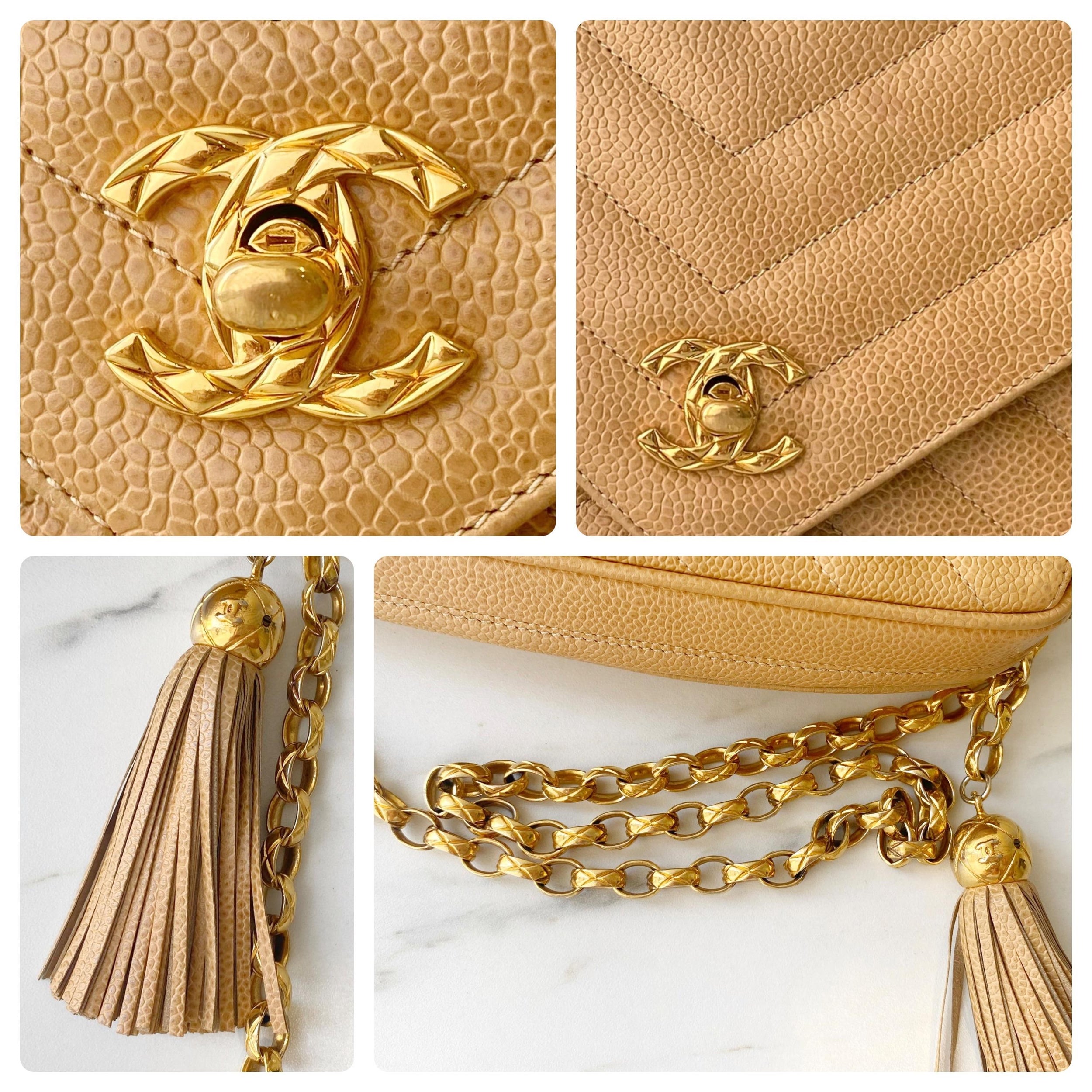 Beige Quilted Chevron Caviar Bijoux Camera Flap Bag