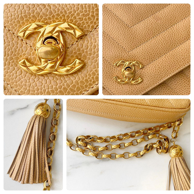 Beige Quilted Chevron Caviar Bijoux Camera Flap Bag