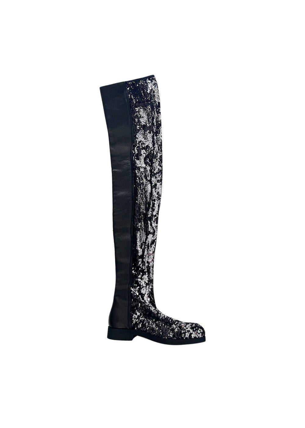 Black Leather Sequinned Over the Knee Boots