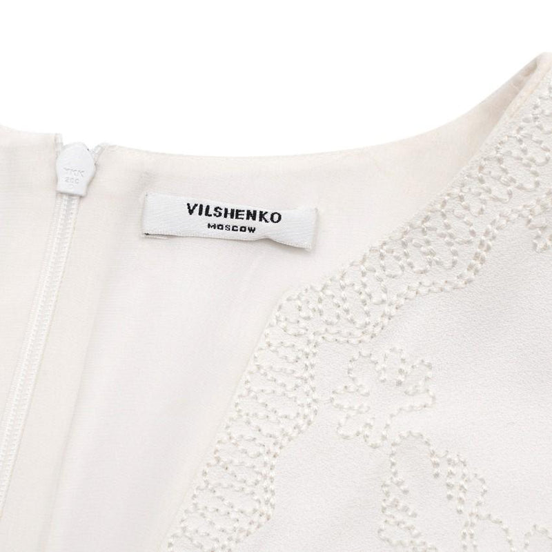 Vilshenko Embroidered Cream Crepe Midi Dress