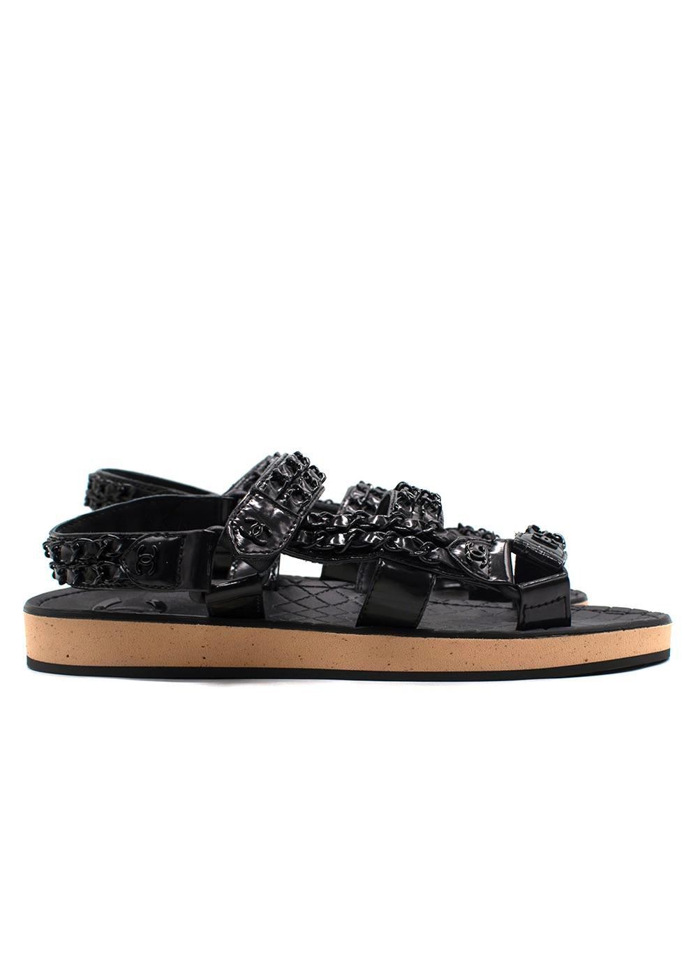 Chanel Black Patent Leather Chain Dad Sandals