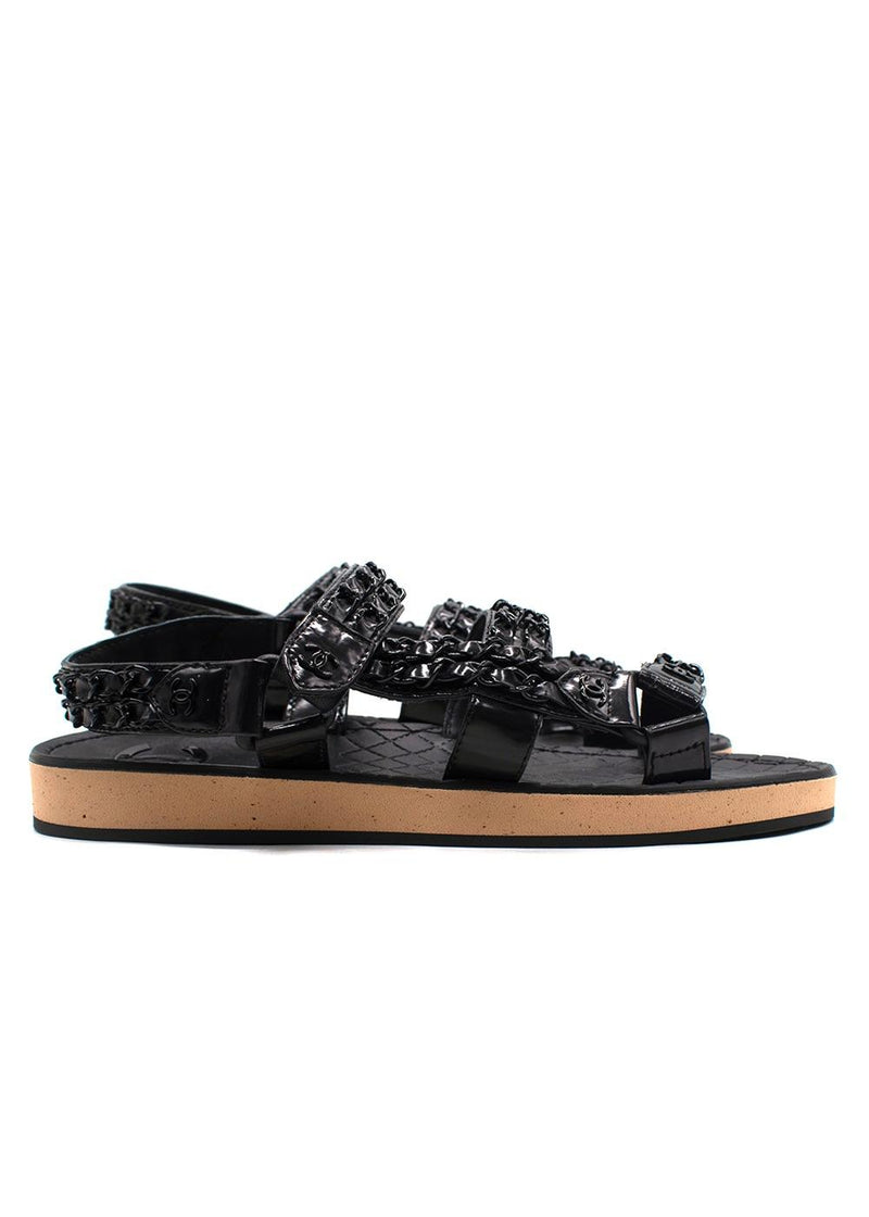 Chanel Black Patent Leather Chain Dad Sandals