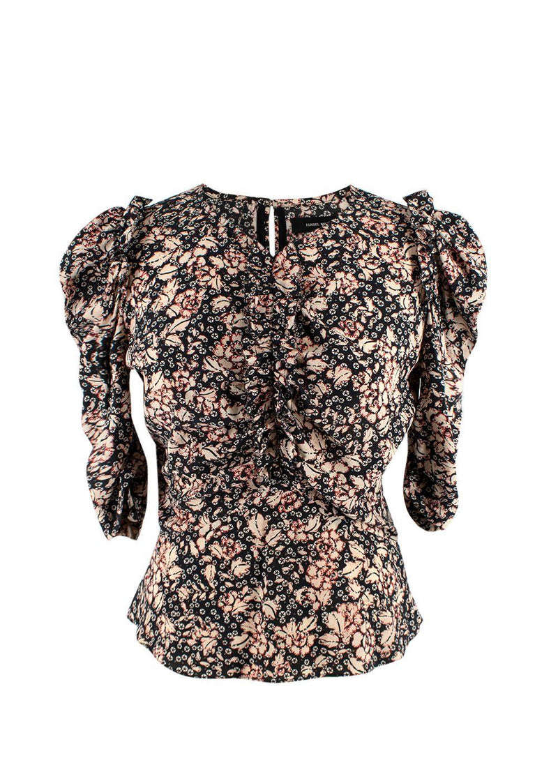 Isabel Marant Black Floral Puff Sleeve Silk Blouse