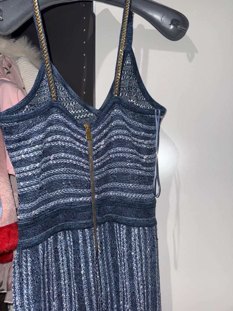 Blue Knit Jumpsuit With Chain Strap Detail