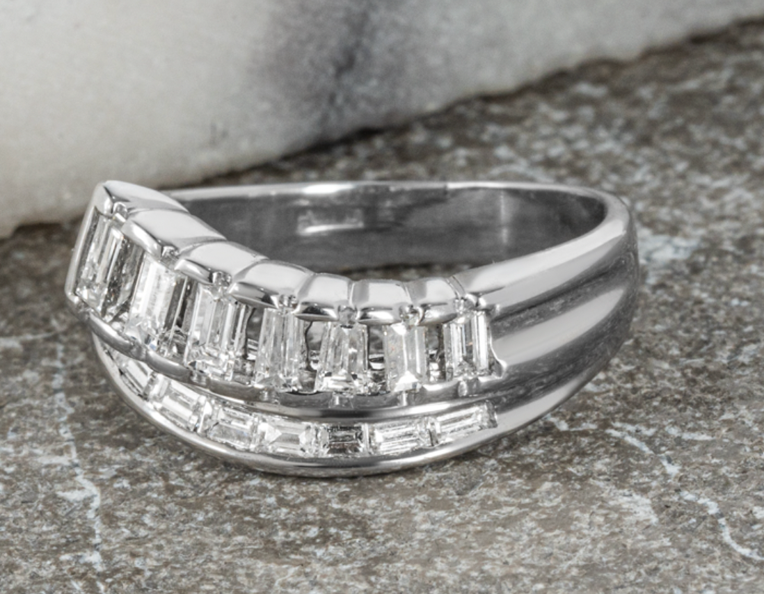 Baguette Cut Double Row 18kt White Gold Ring - Size M½