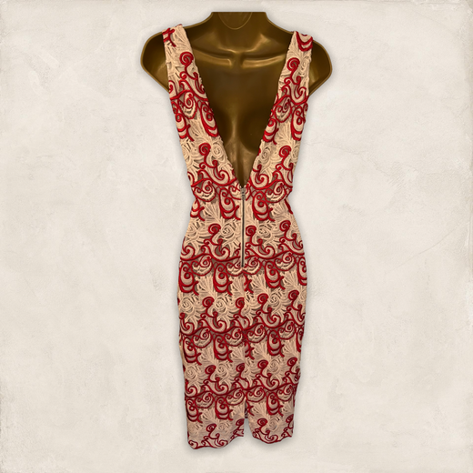 Red & white guipure lace low-back dress