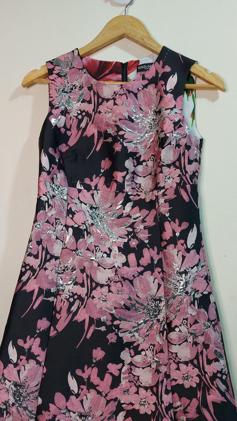 pink & black floral Duchesse satin dress