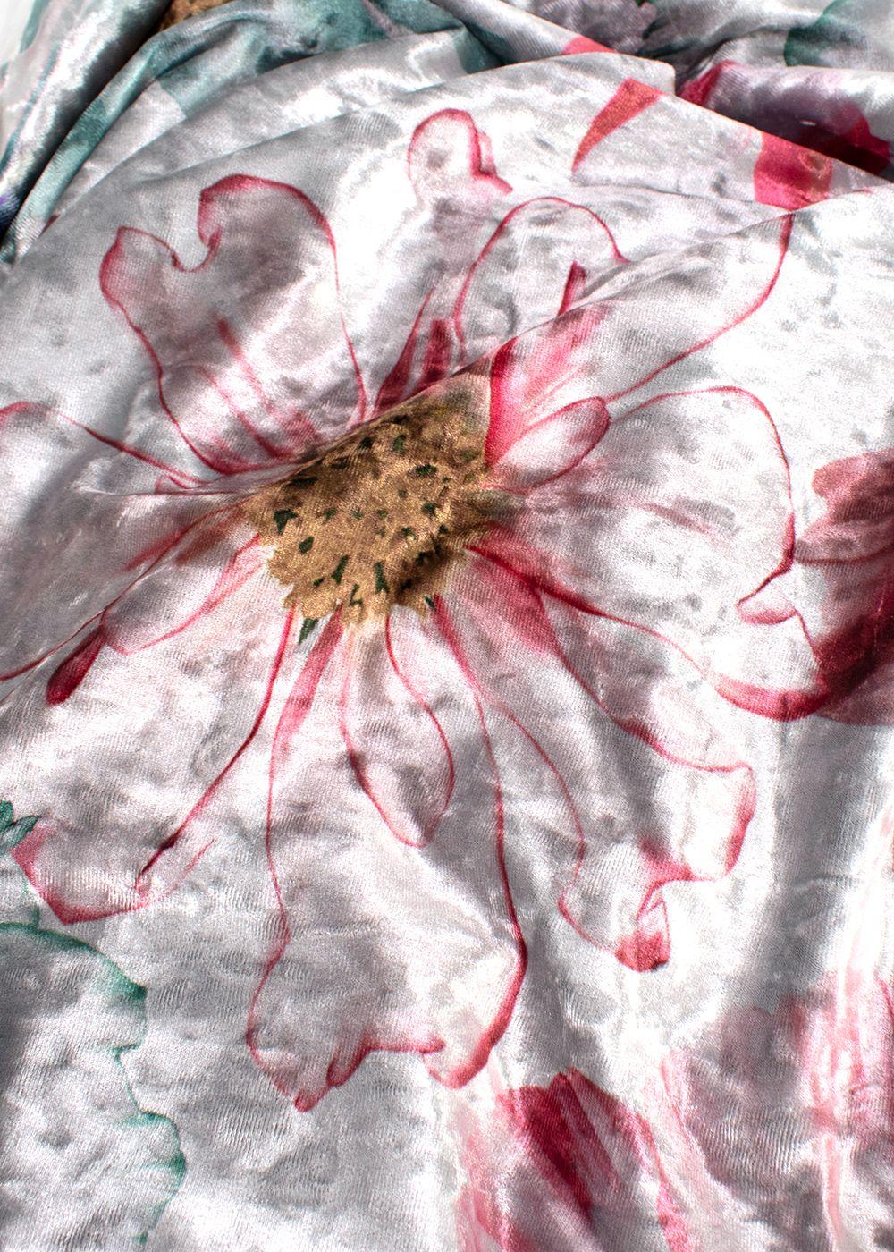 Elegant Embroidery Floral Crushed Velvet Kaftan with Feather Trim
