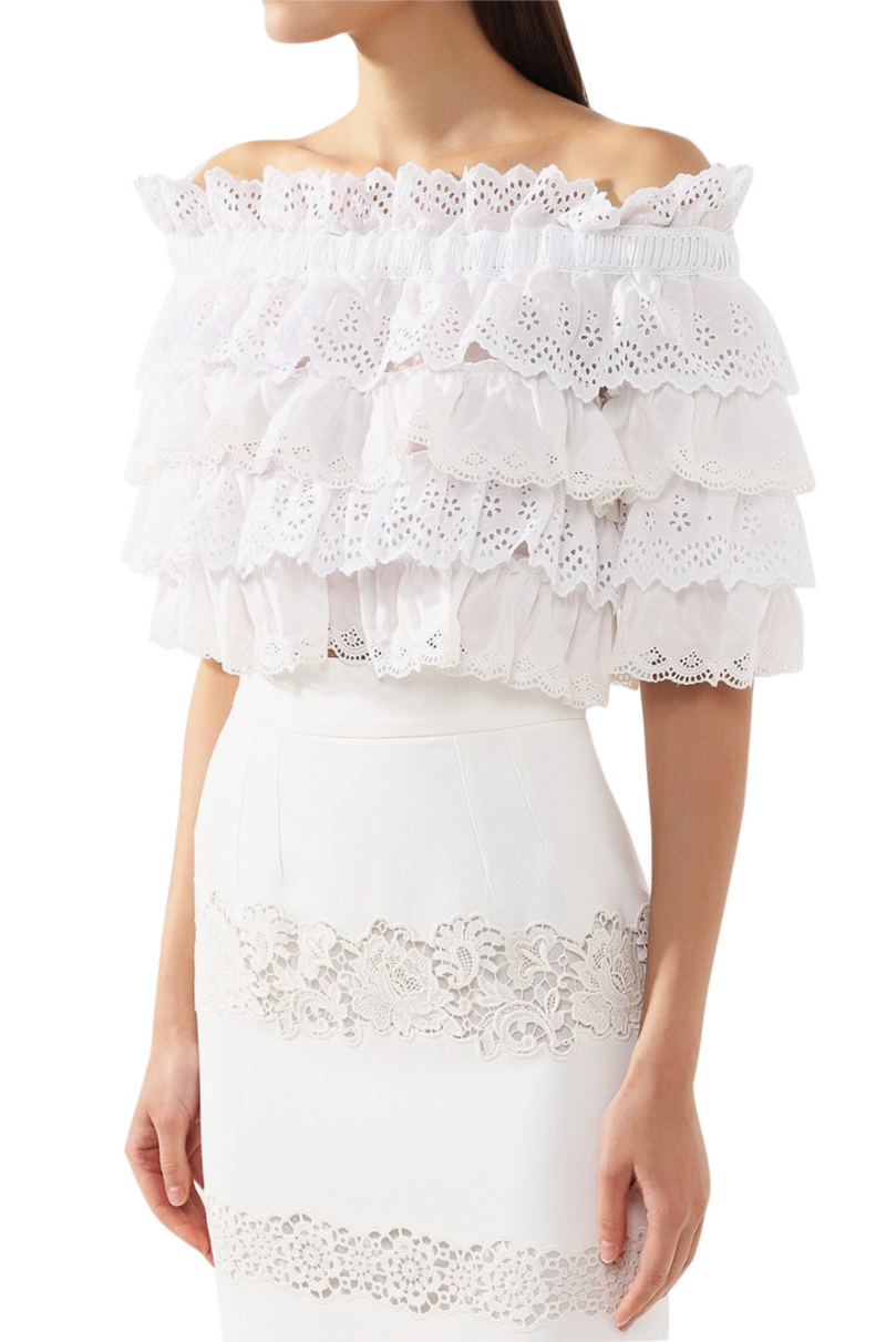 White cotton Broderie Anglaise ruffled crop top