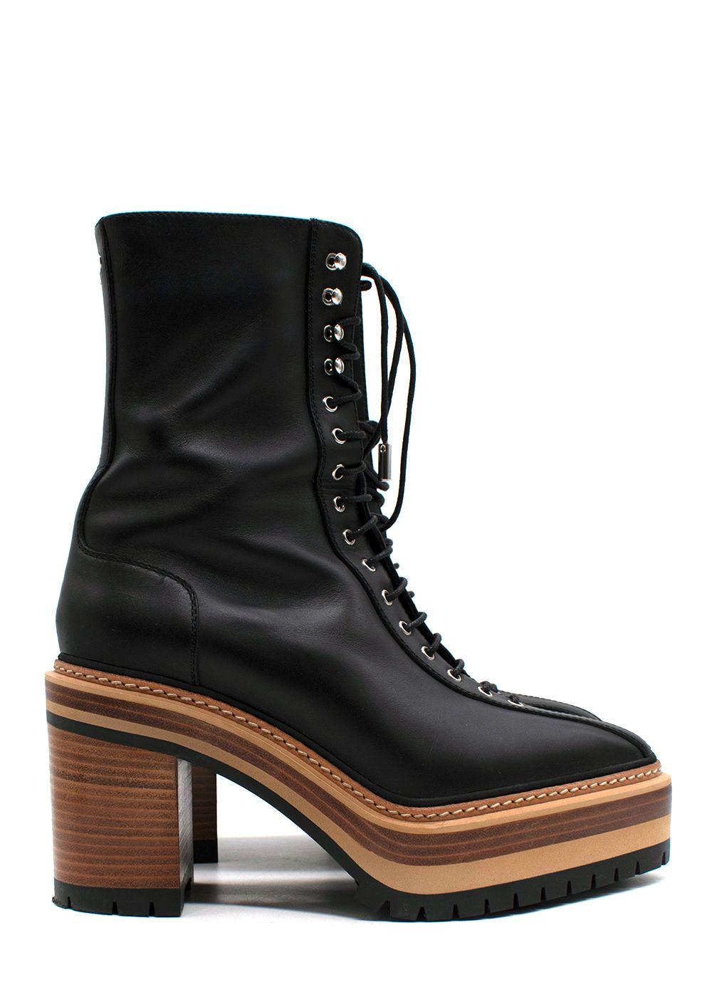 Hermes Black Leather Lace Up Platform Boots