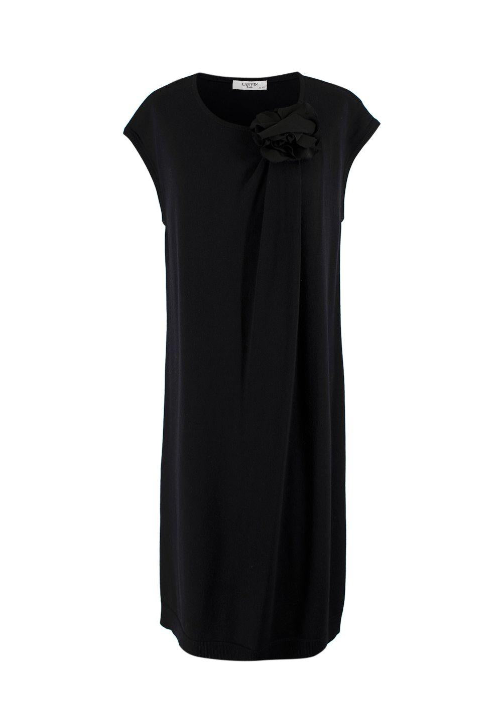 Lanvin Black Wool Knit Midi Dress with Floral Applique Detail