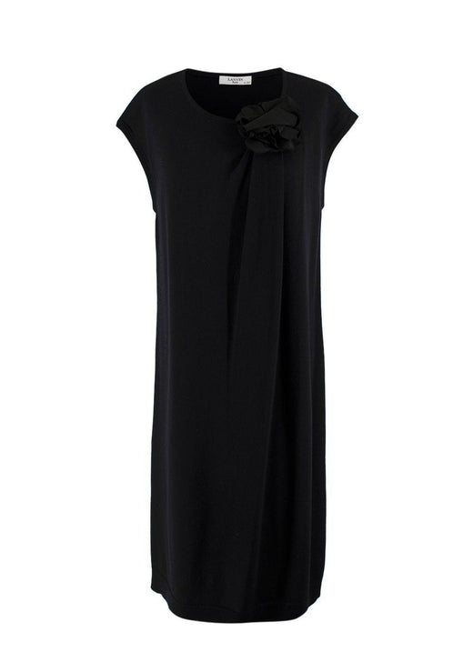 Lanvin Black Wool Knit Midi Dress with Floral Applique Detail