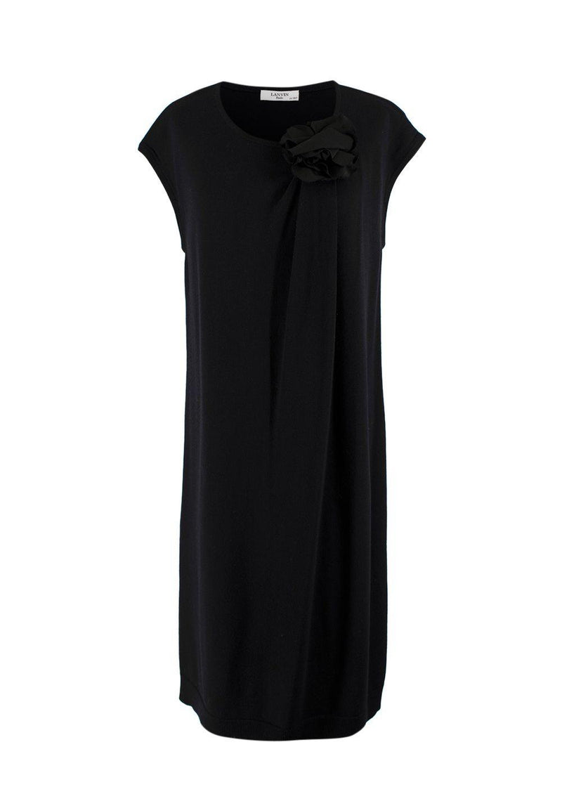 Lanvin Black Wool Knit Midi Dress with Floral Applique Detail
