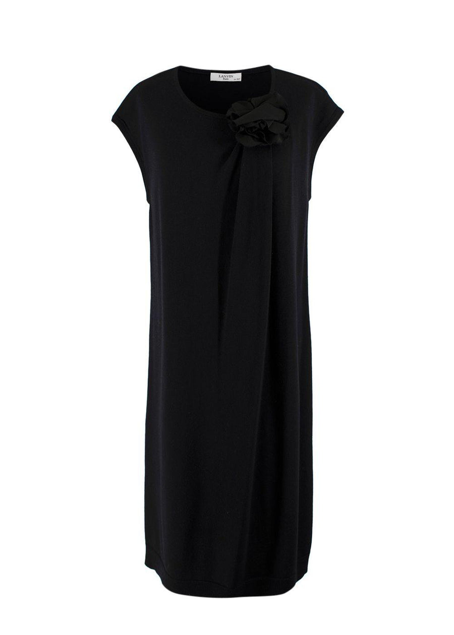 Lanvin Black Wool Knit Midi Dress with Floral Applique Detail