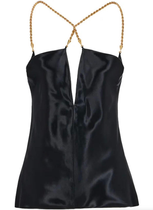 Ferragamo Black Twisted-Strap Satin Top.
