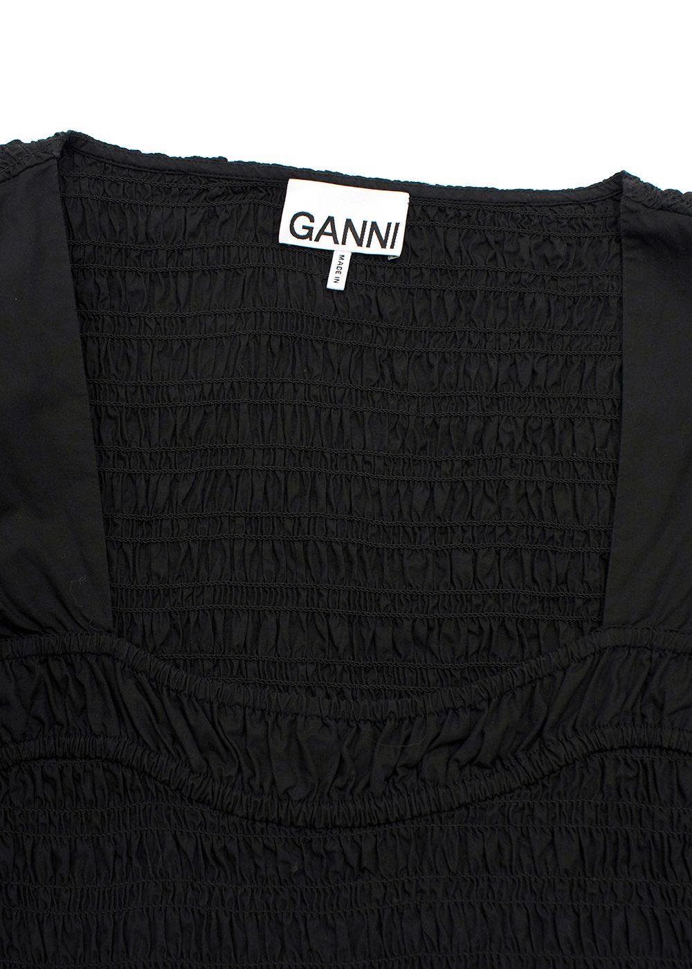 Ganni Black Cotton Poplin Open Neck Smock Midi Dress