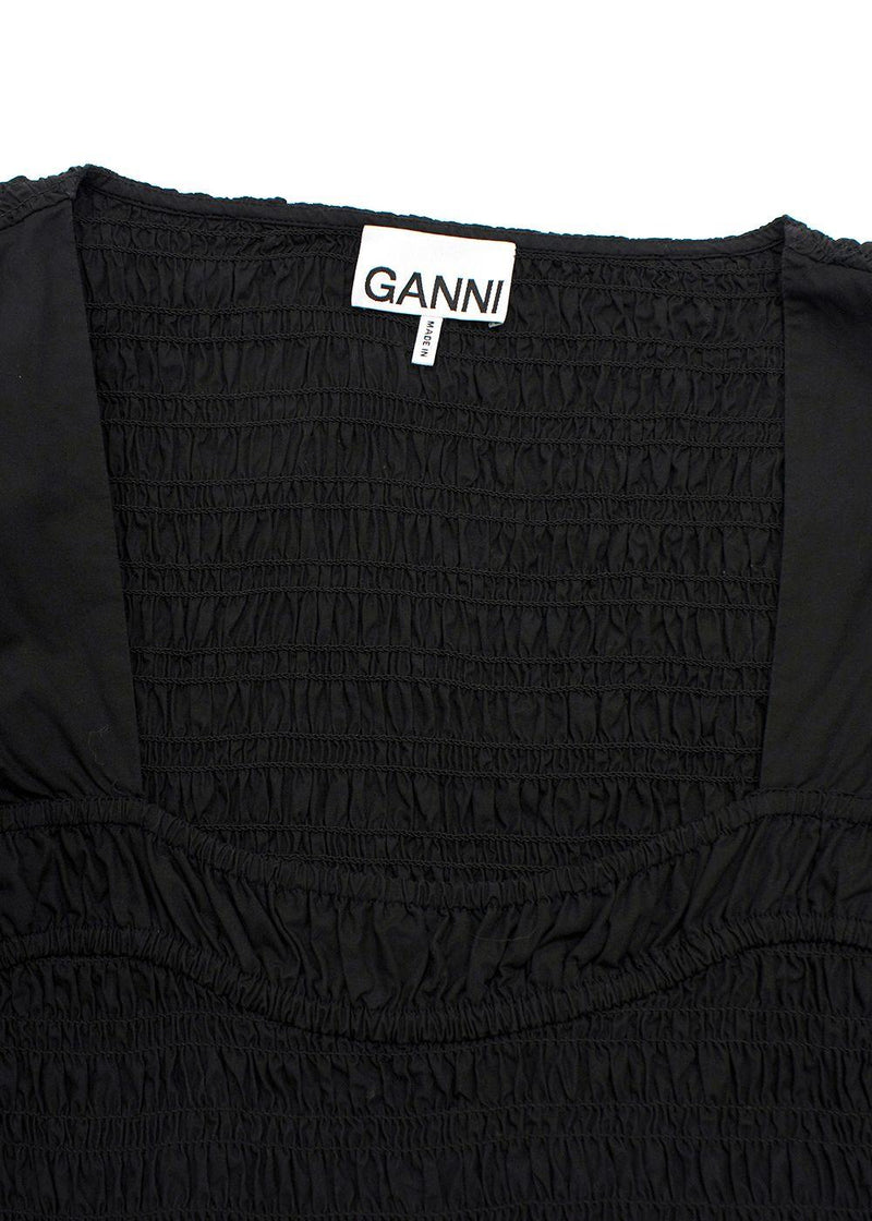 Ganni Black Cotton Poplin Open Neck Smock Midi Dress