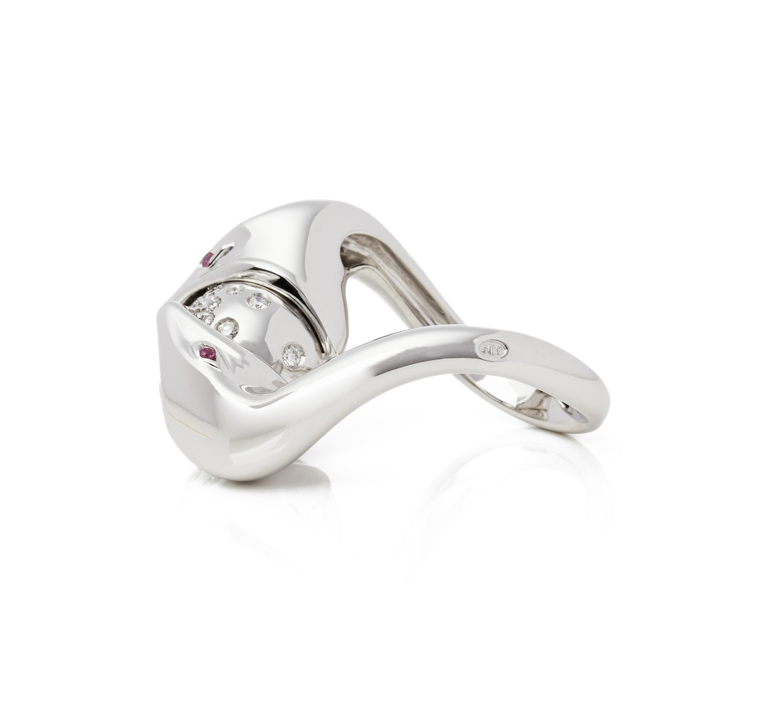 18ct white gold, diamond & ruby Serpent ring 52EU
