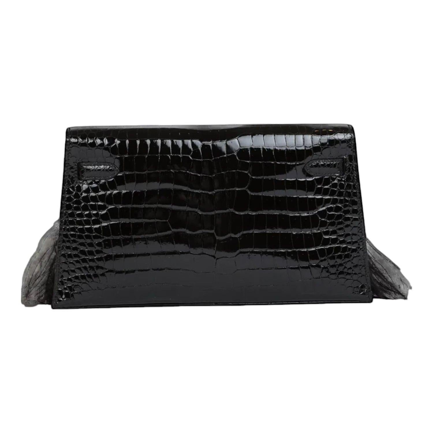 Hermès Kelly Elan Folie Black Crocodile Porosus Lisse Noir / Ostrich Feather And Gold Hardware