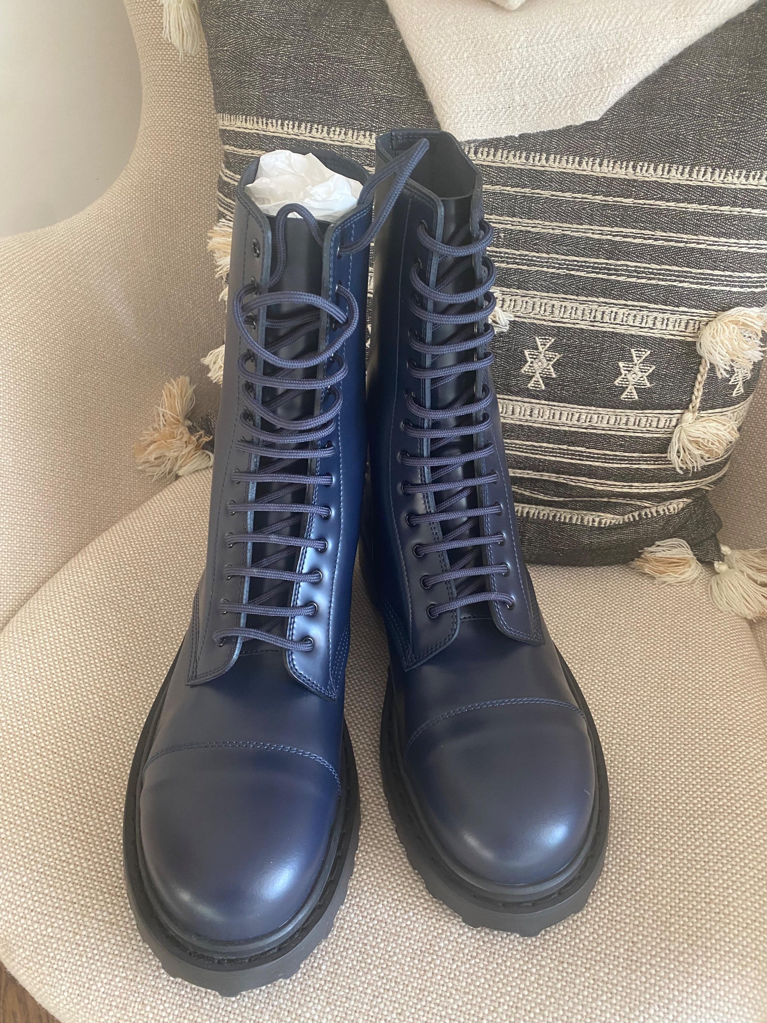 blue leather long combat boots