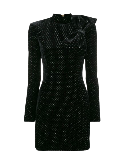 Balmain Black Velvet Embellished Mini Dress with Bow Detail