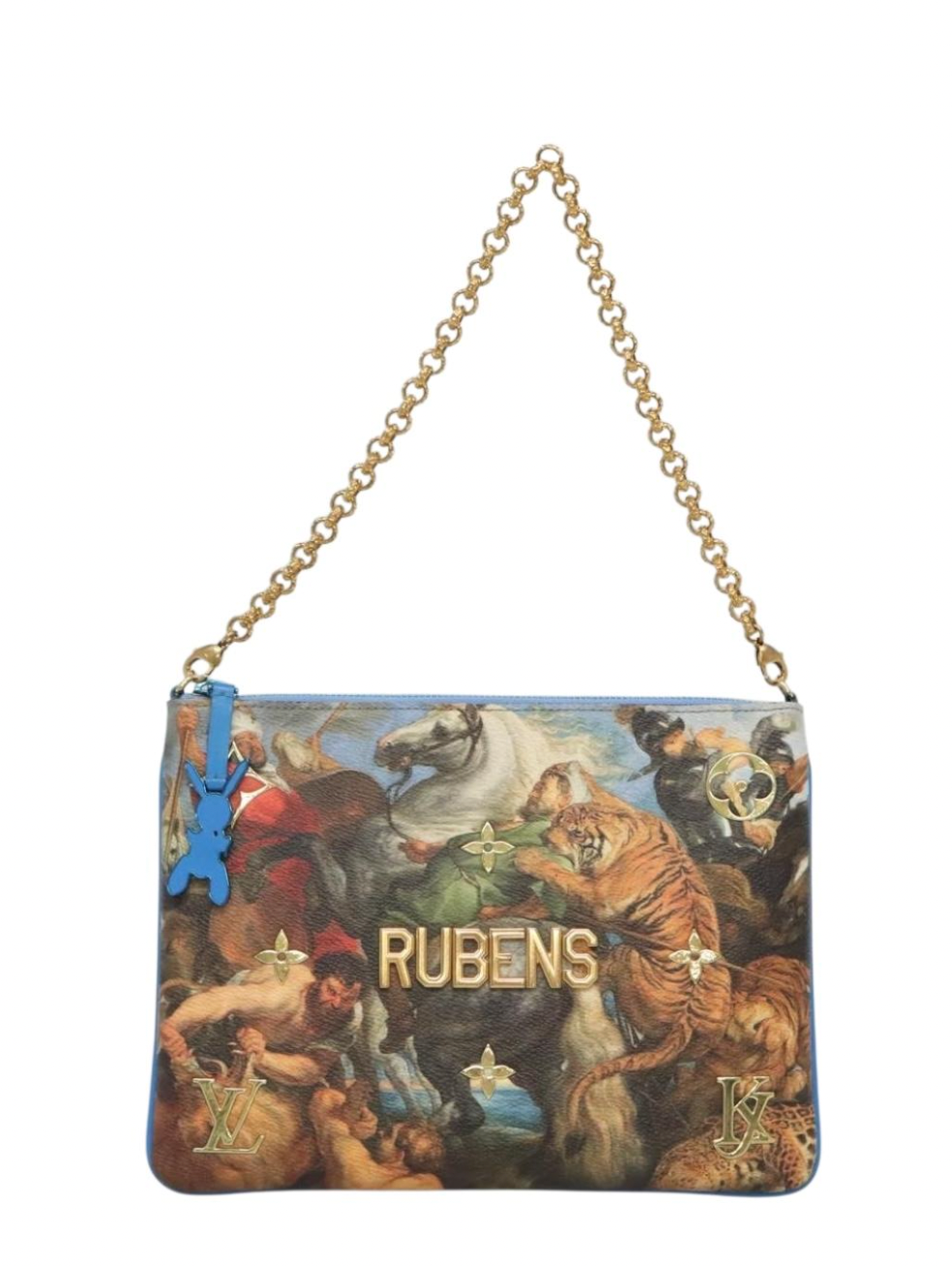 Limited Edition Louis Vuitton x Jeff Koons Masters Collection Pochette – “Tiger Hunt” Print with Gold Chain Strap