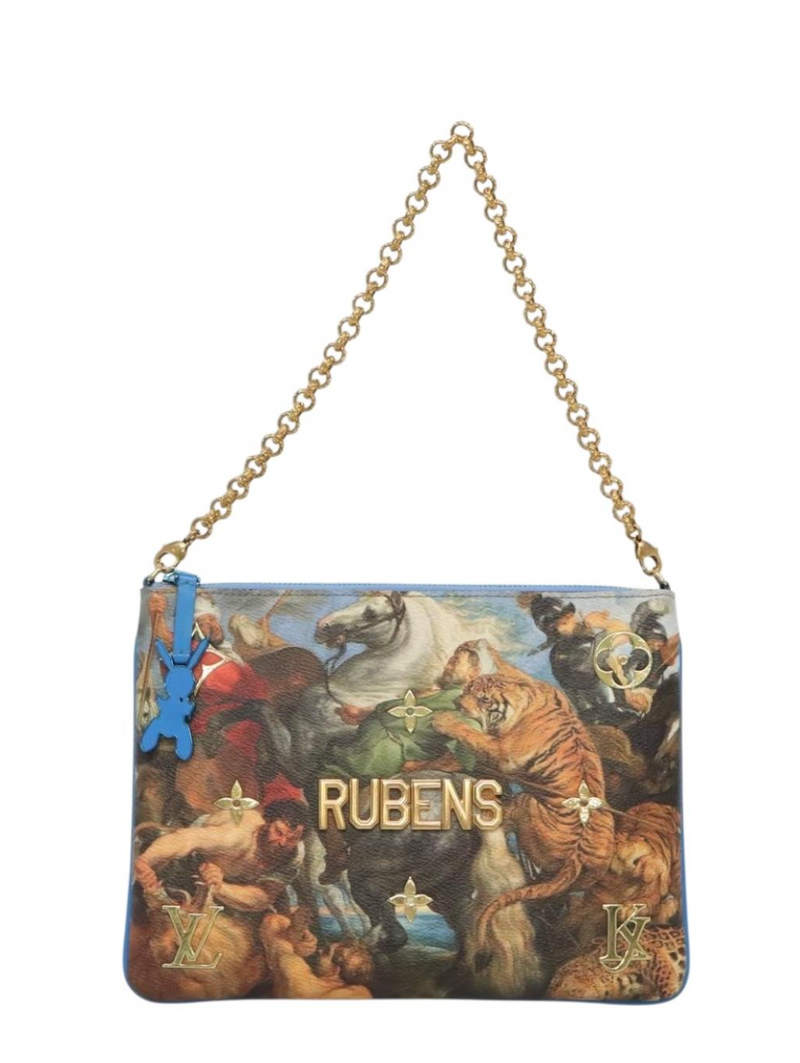 Limited Edition Louis Vuitton x Jeff Koons Masters Collection Pochette – “Tiger Hunt” Print with Gold Chain Strap