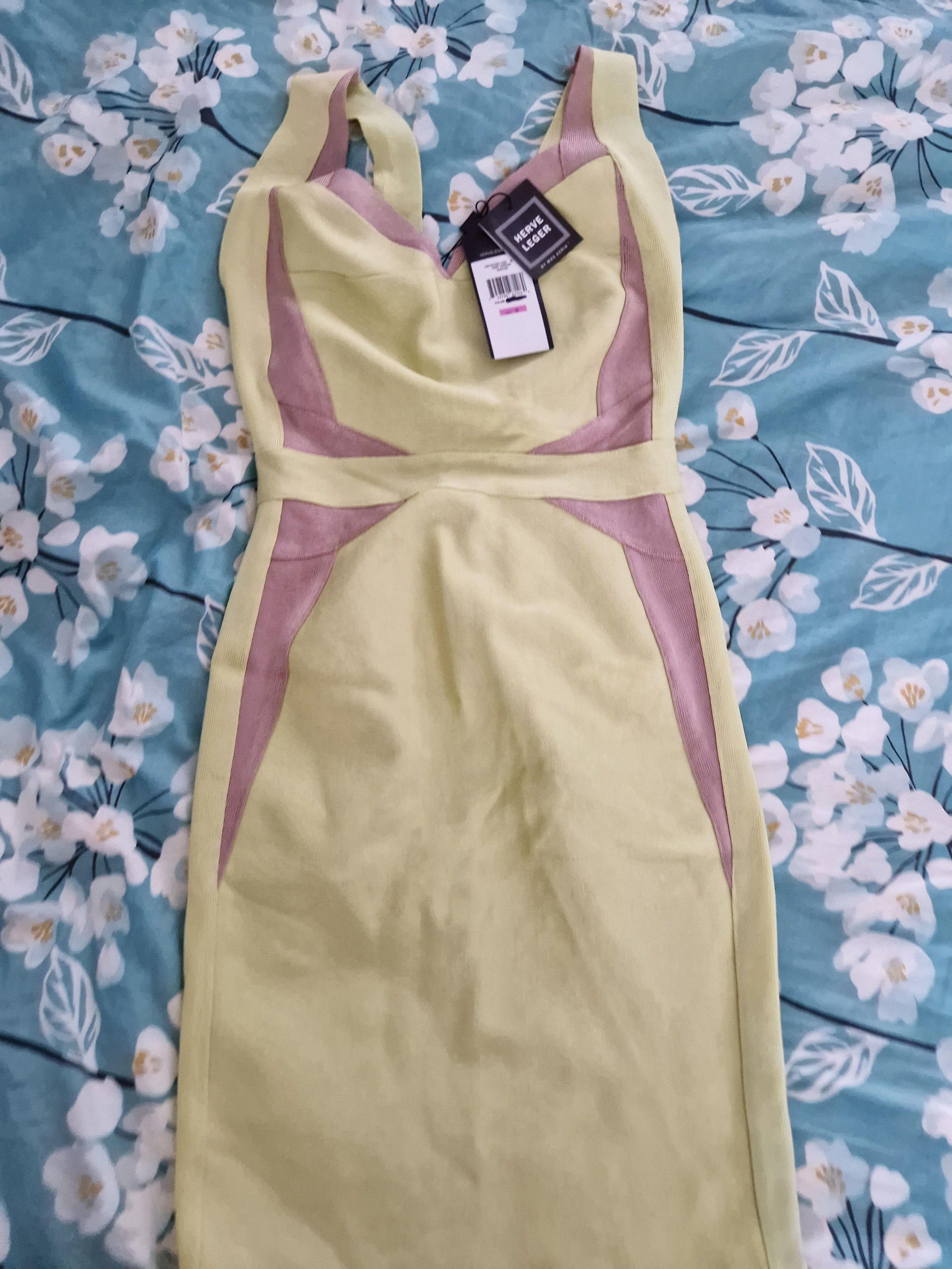 yellow & beige stretch-knit bandage dress