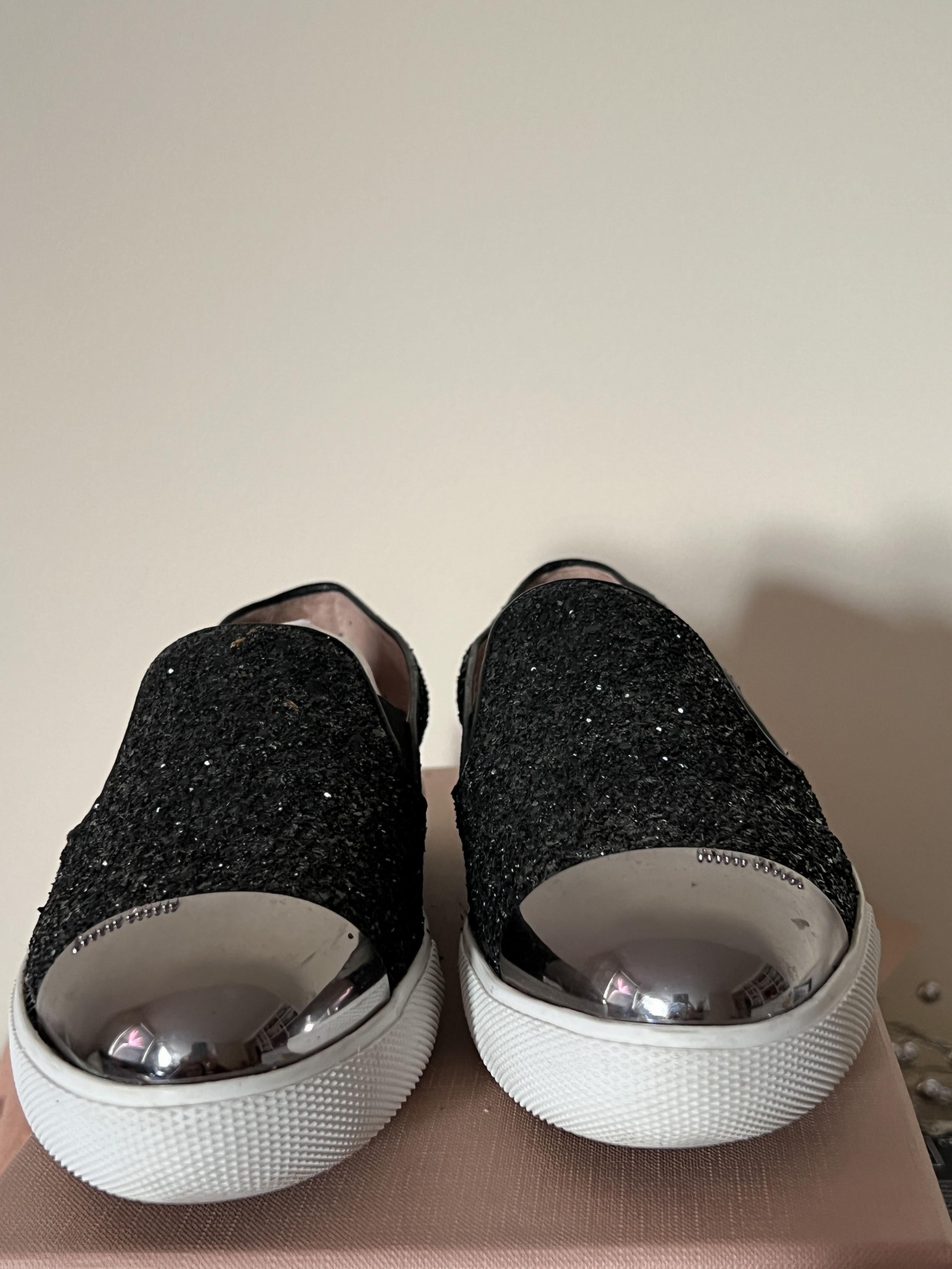 Miu Miu  Black Metallic Silver Toe Cap Slip-On Trainers