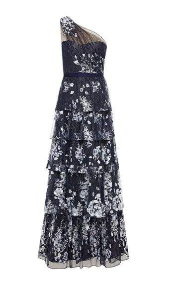 One-shoulder embellished tiered tulle gown