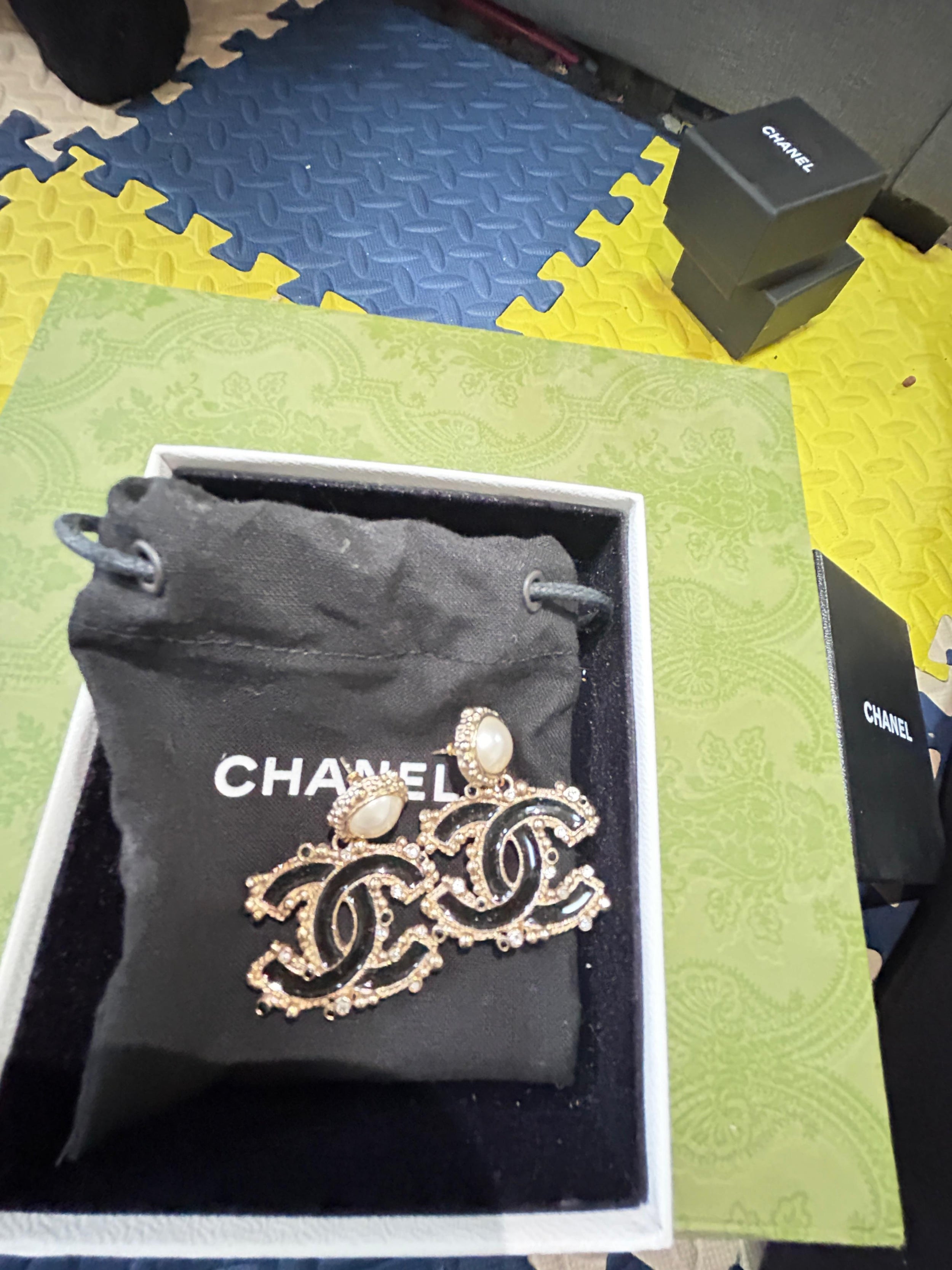 Chanel Black Double CC Earrings with Faux Pearl Detail