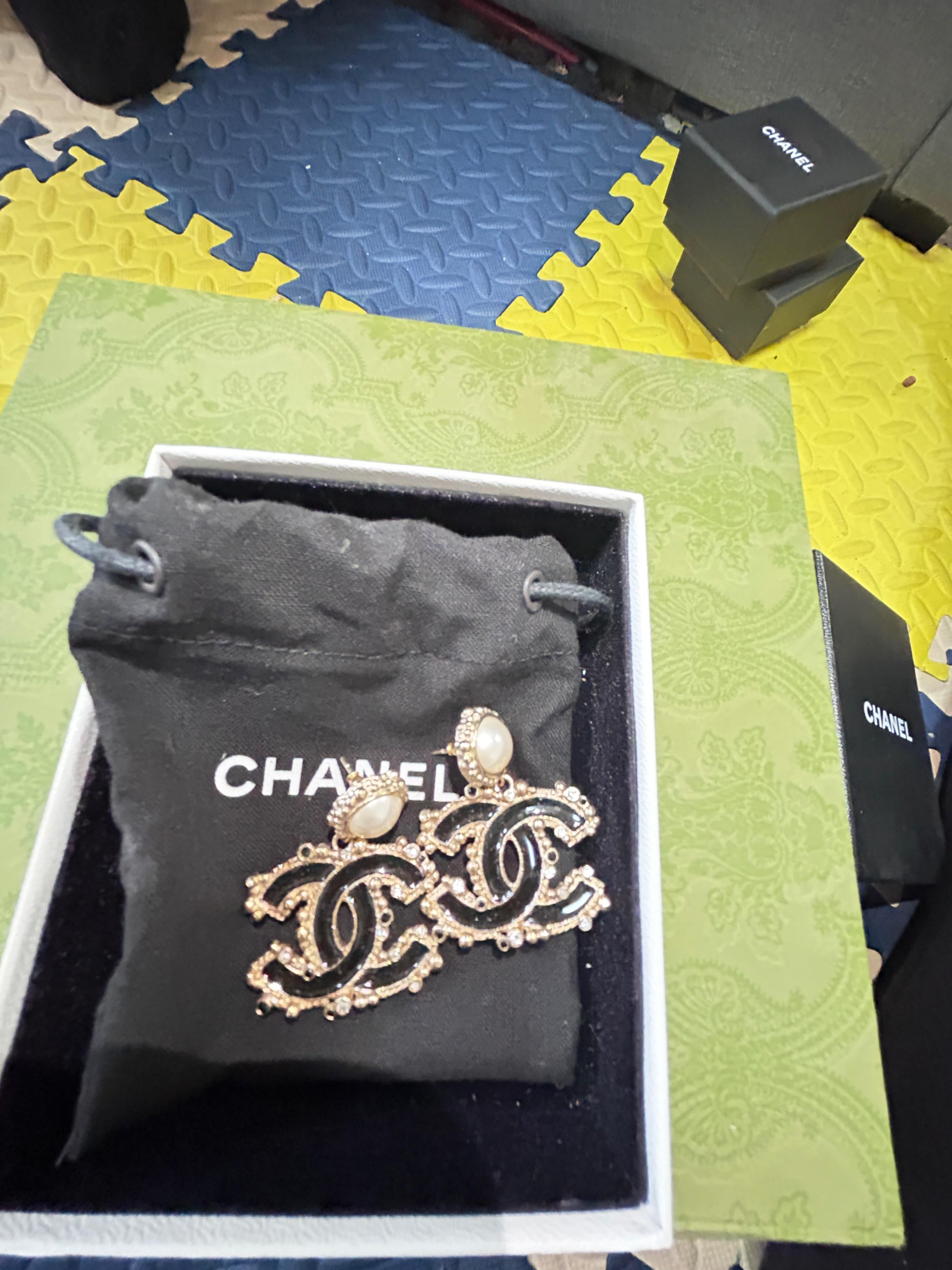 Chanel Black Double CC Earrings with Faux Pearl Detail