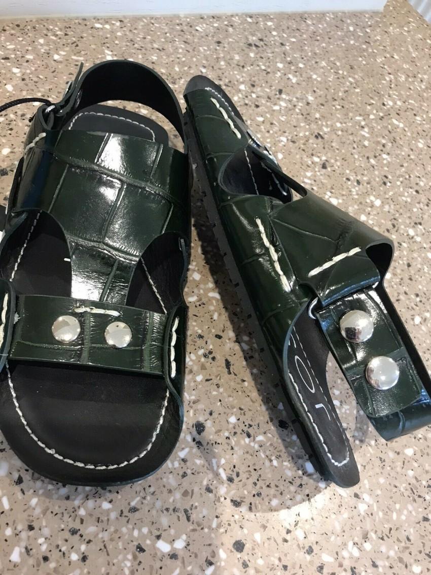 Joseph Dark Green Crocodile Print Slingback Sandals