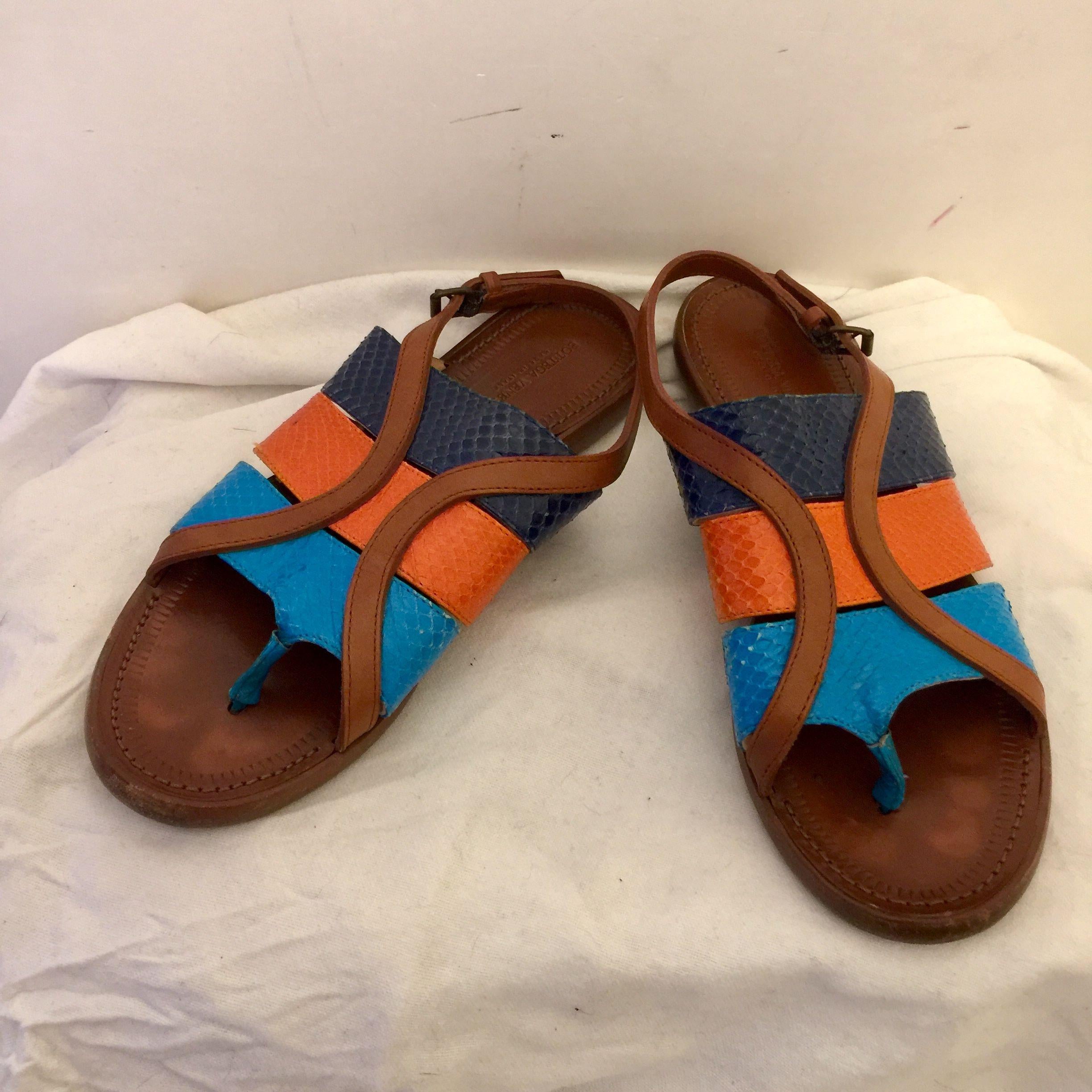 Tricolour snakeskin & tan leather sandals