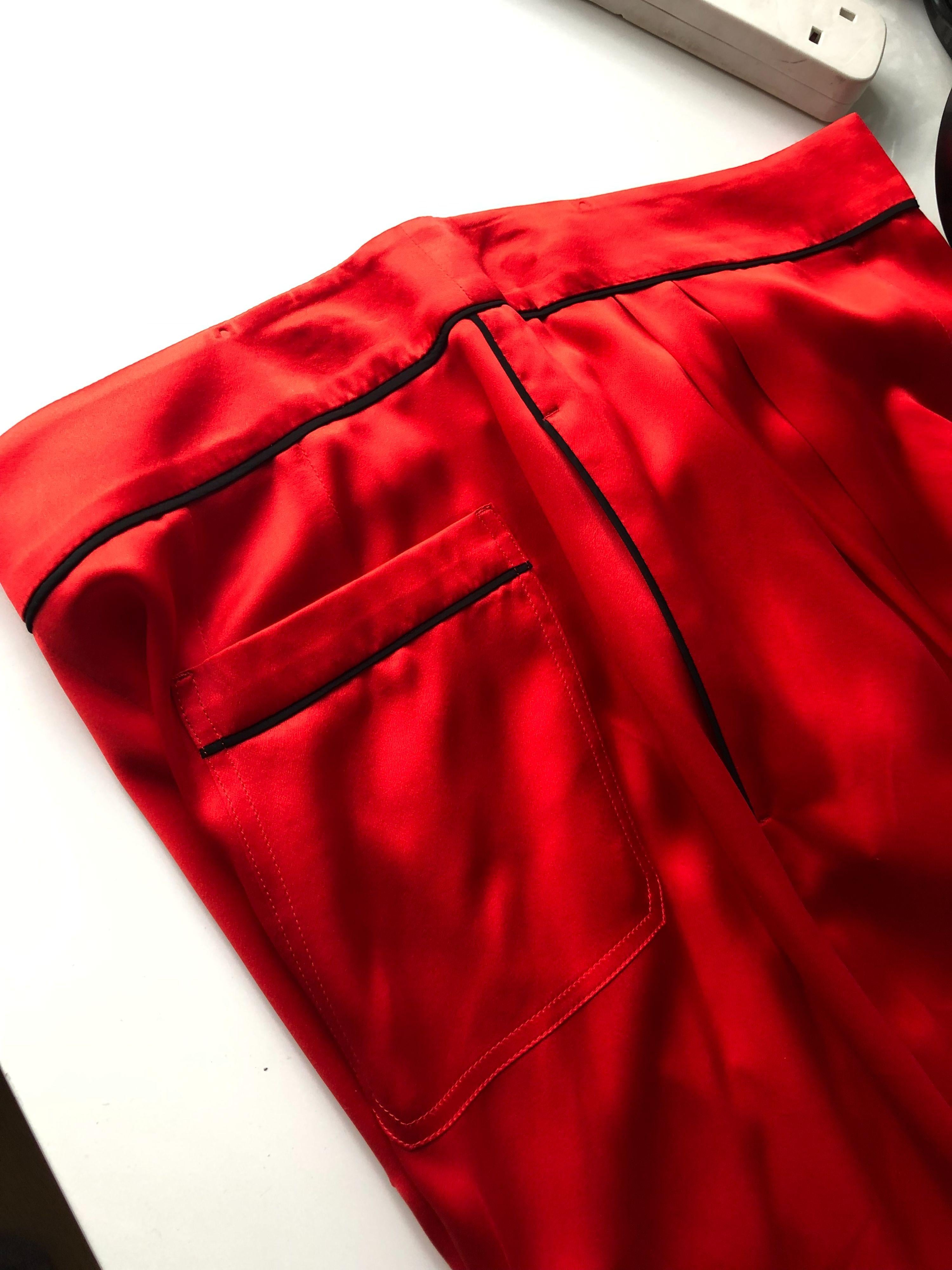 Red Silk Pants with Contrast Piping