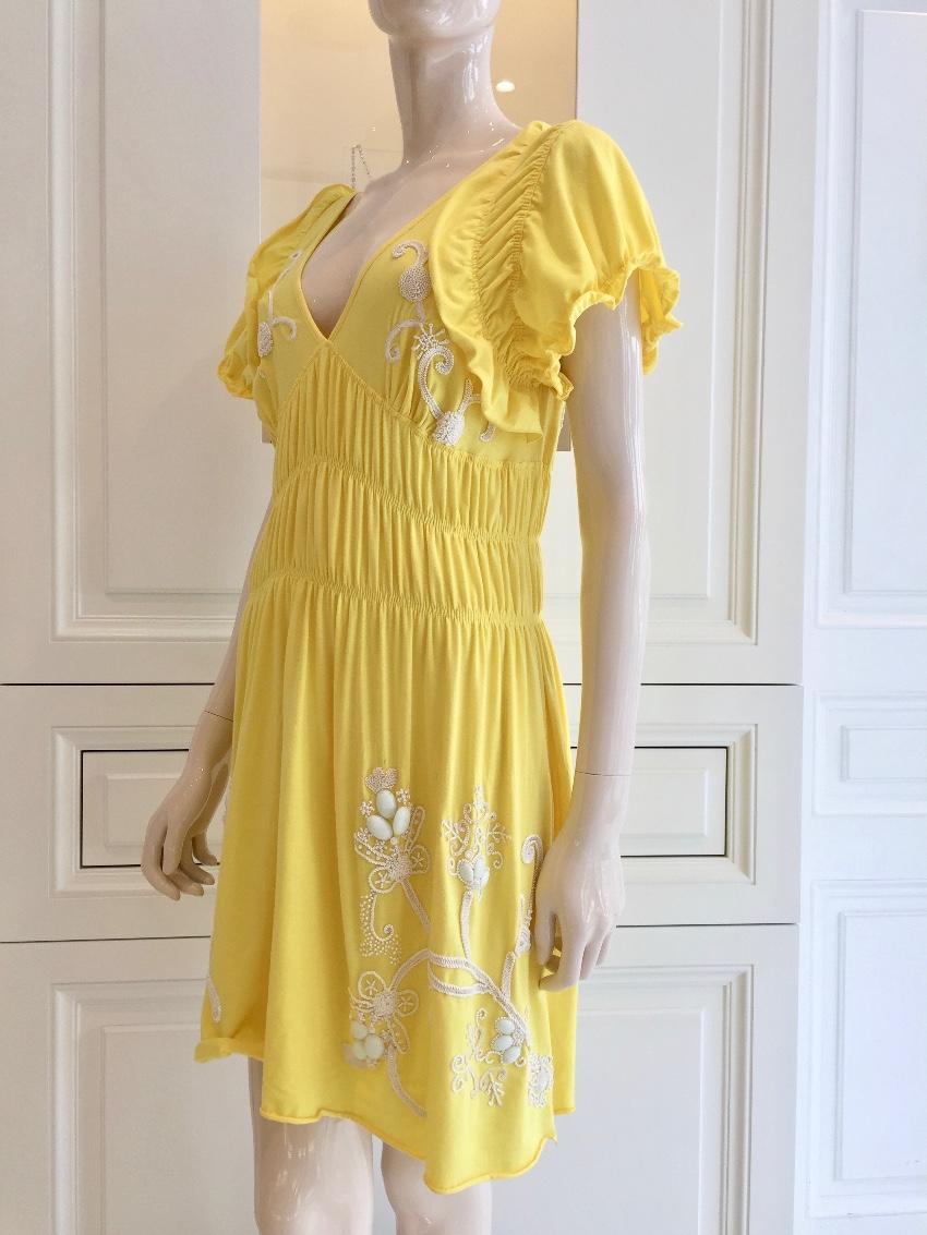Gaetano Navarra Hand Embroidered Canary Yellow Beaded Dress
