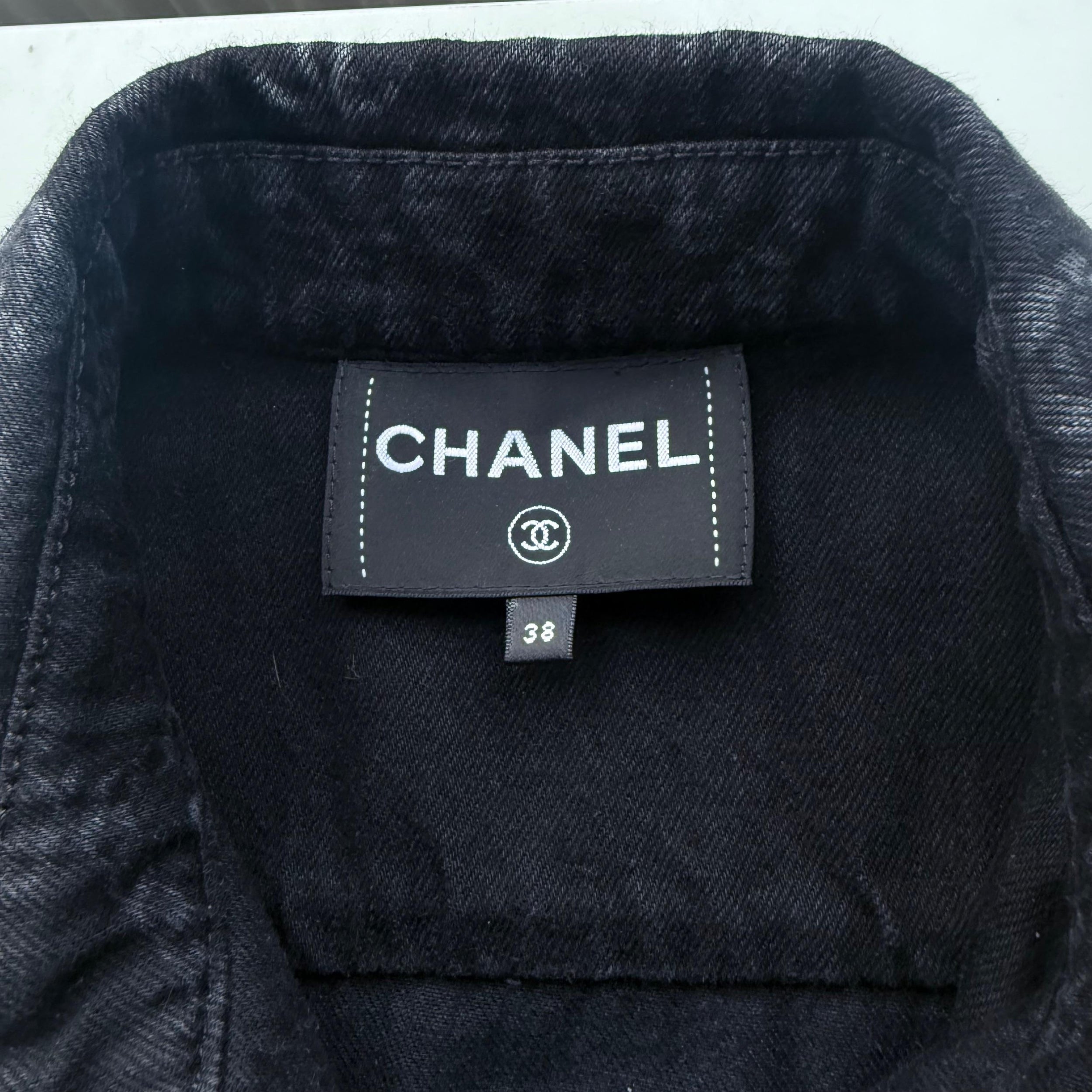 Chanel Black Camelia Denim Button Front Jacket