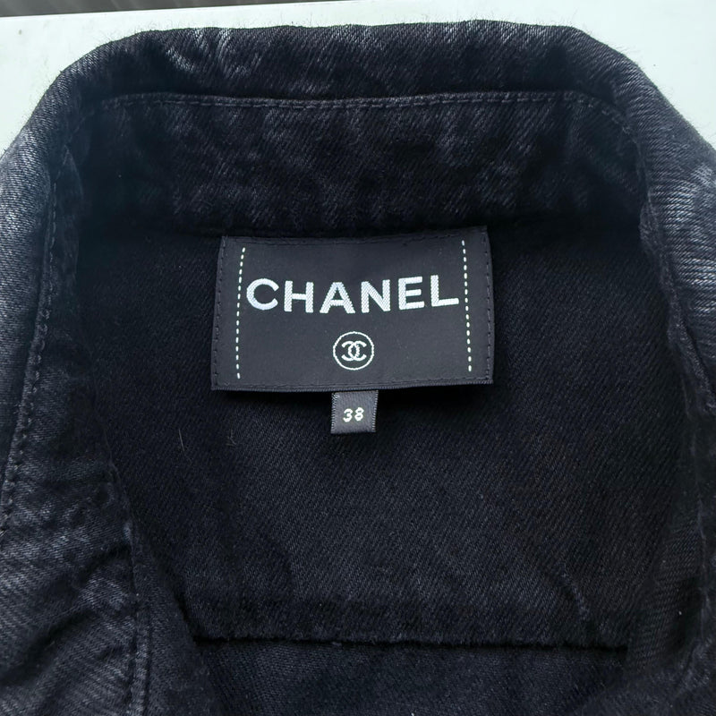 Chanel Black Camelia Denim Button Front Jacket