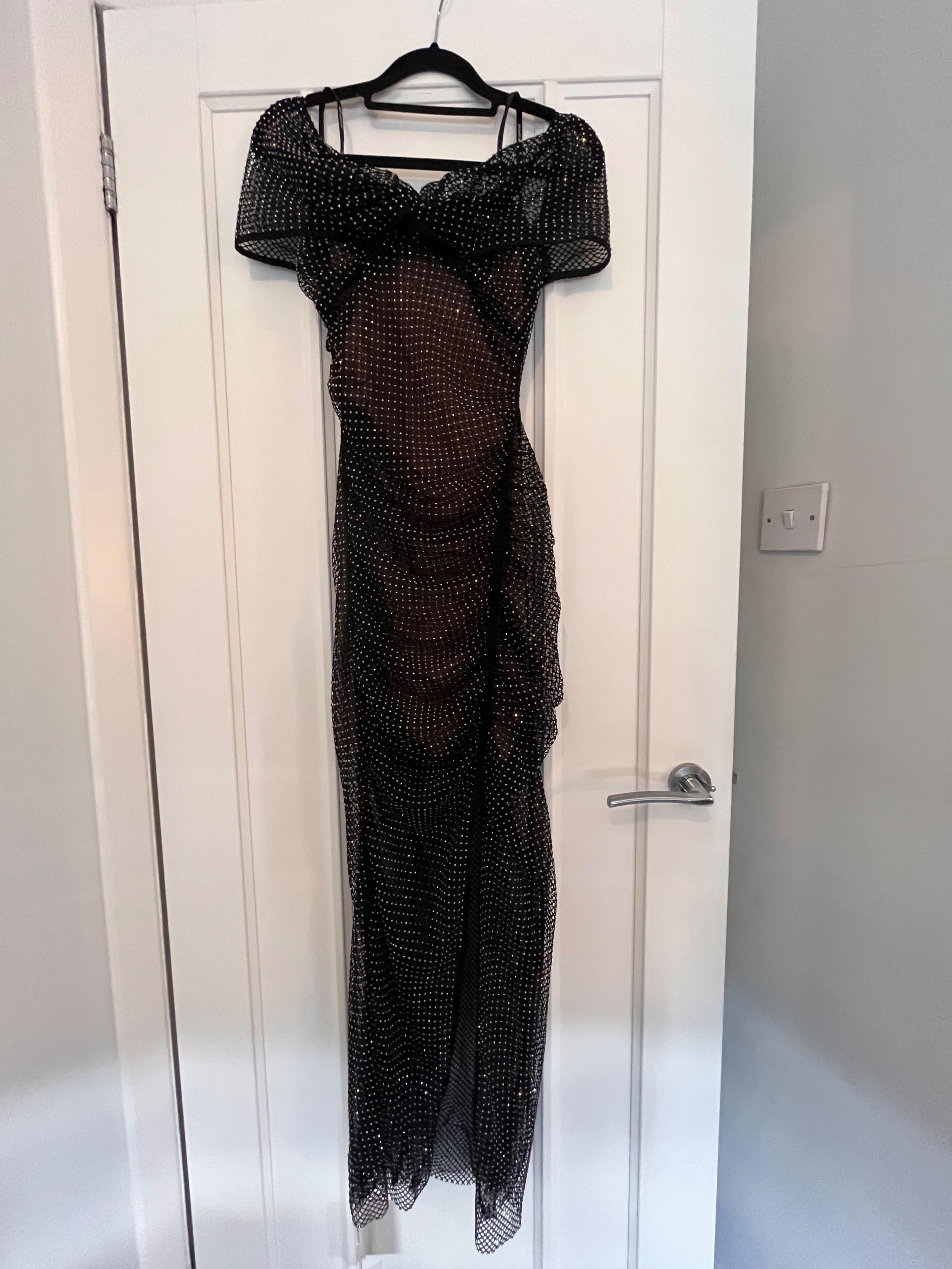 Diamante Fishnet Off Shoulder Midi Dress