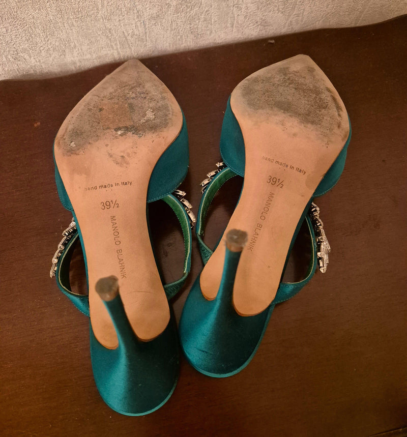 Manolo Blahnik Embellished Green Satin Mules