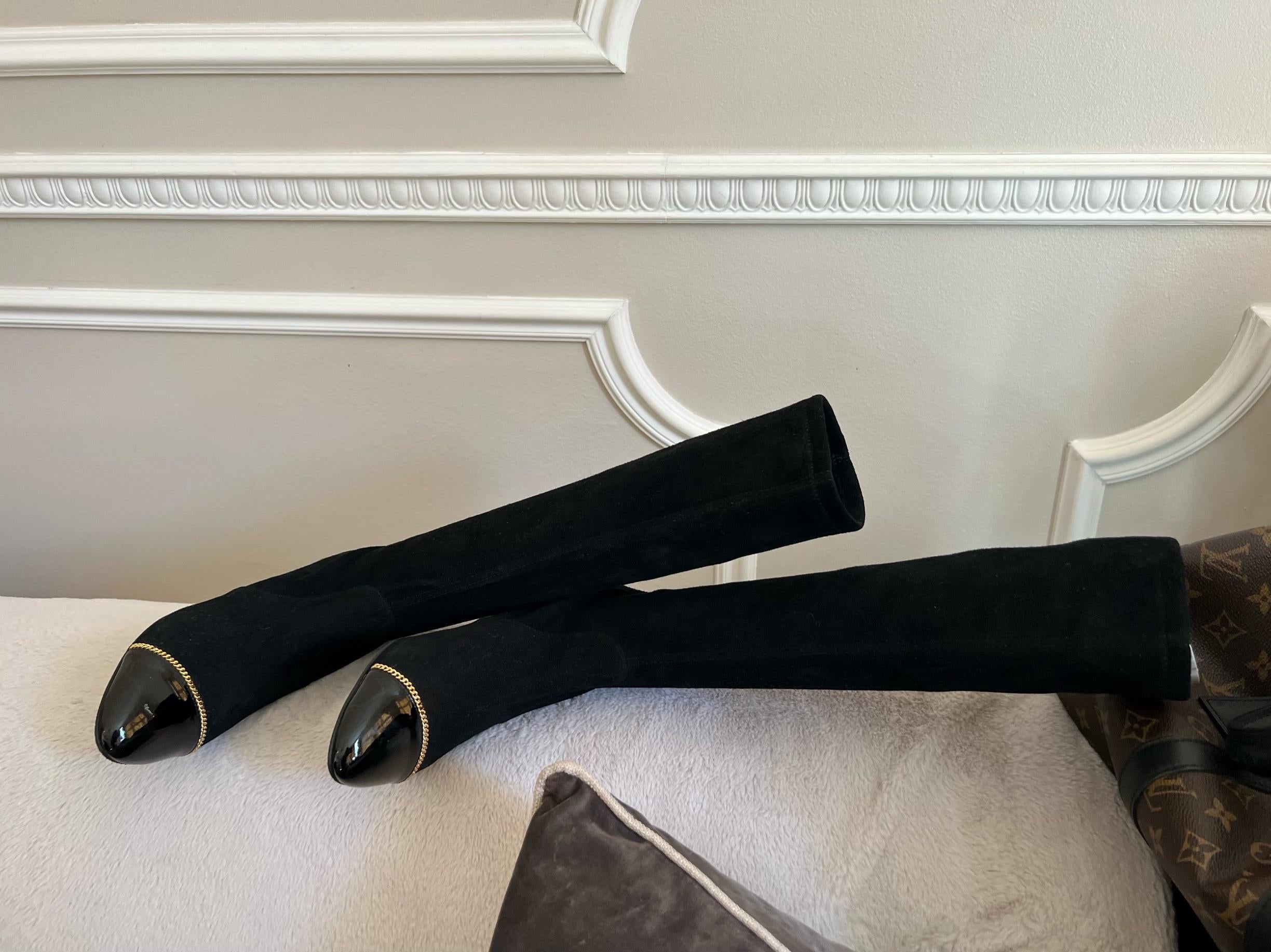 Valerie 60 chain-trimmed patent-leather and stretch-suede knee boots
