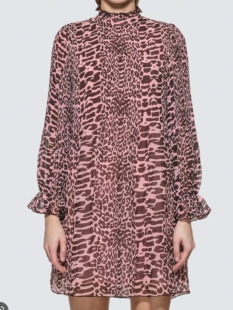 Pink Leopard Printed Georgette Mini Dress