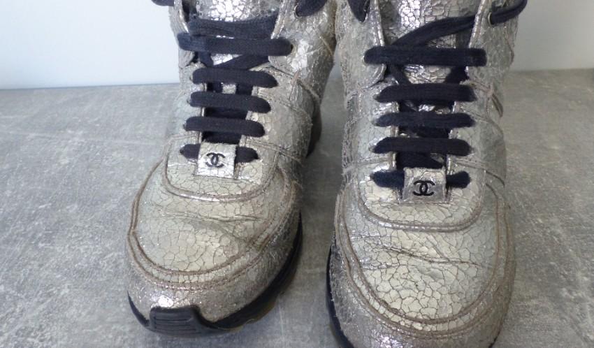 Chanel Metallic Crackled Silver Leather Sneakers