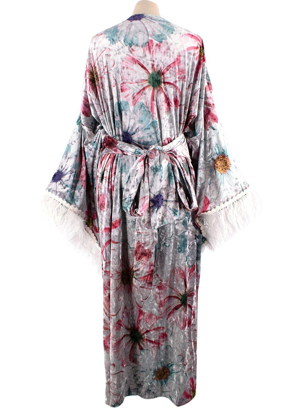 Elegant Embroidery Floral Silver Crushed Velvet Wrap Kaftan with Feather Trim
