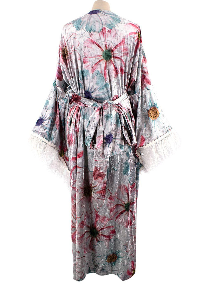 Elegant Embroidery Floral Silver Crushed Velvet Wrap Kaftan with Feather Trim