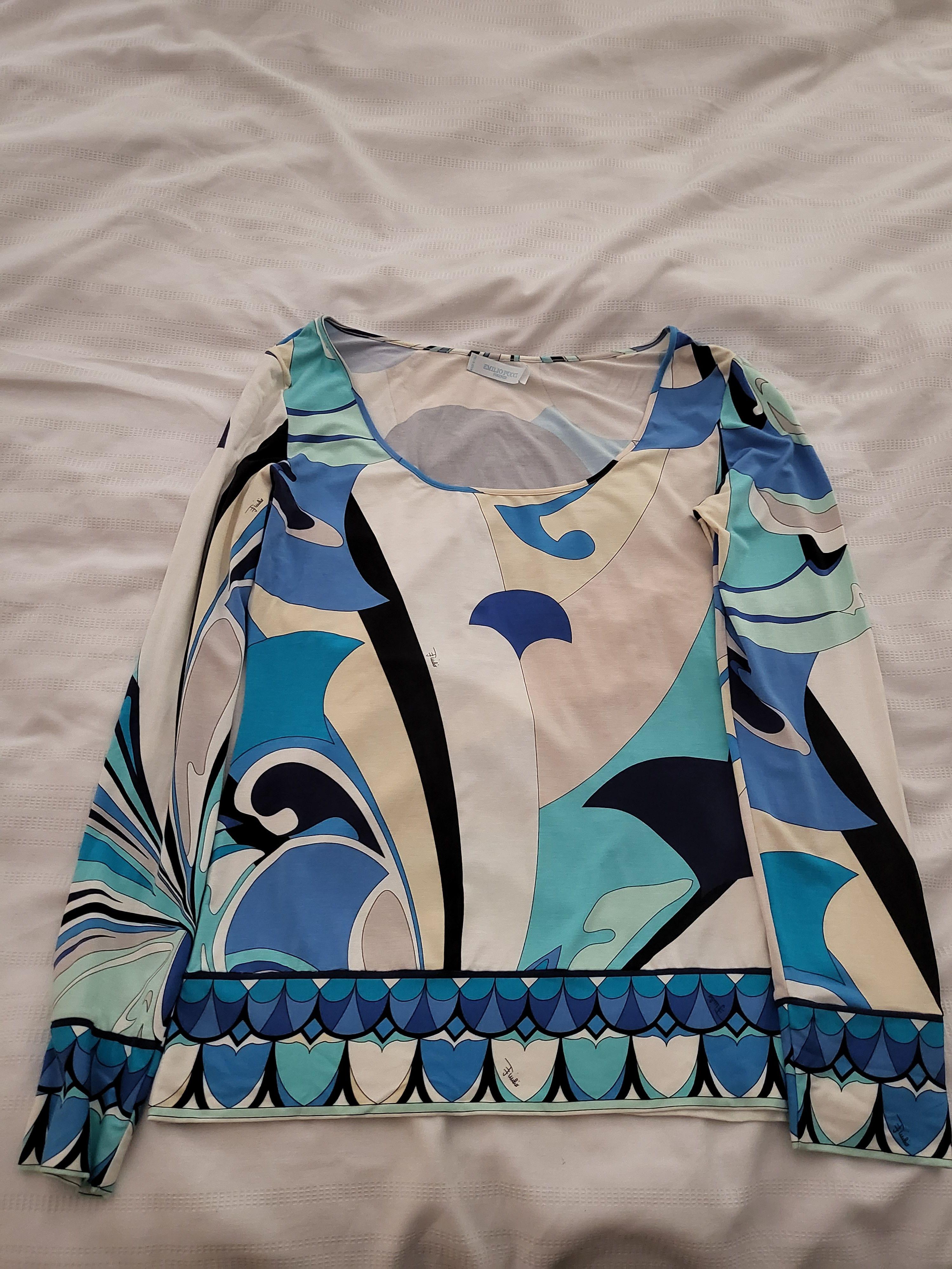 Emilio Pucci Blue Abstract Print Long Sleeve Top