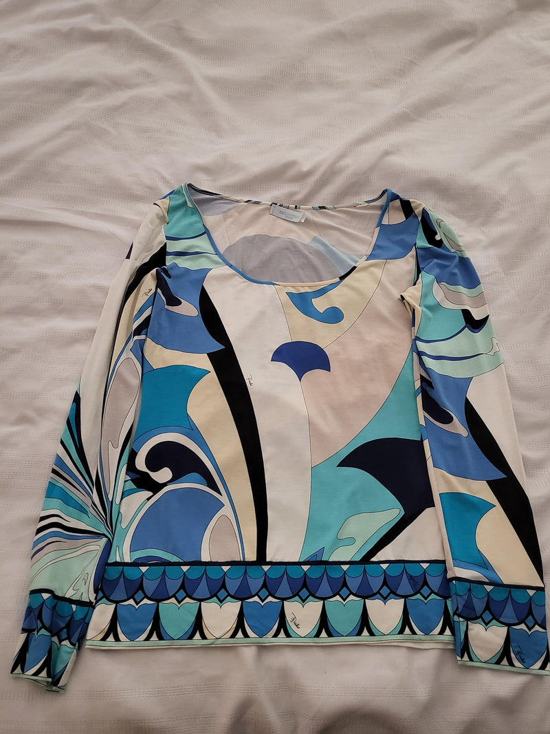 Emilio Pucci Blue Abstract Print Long Sleeve Top