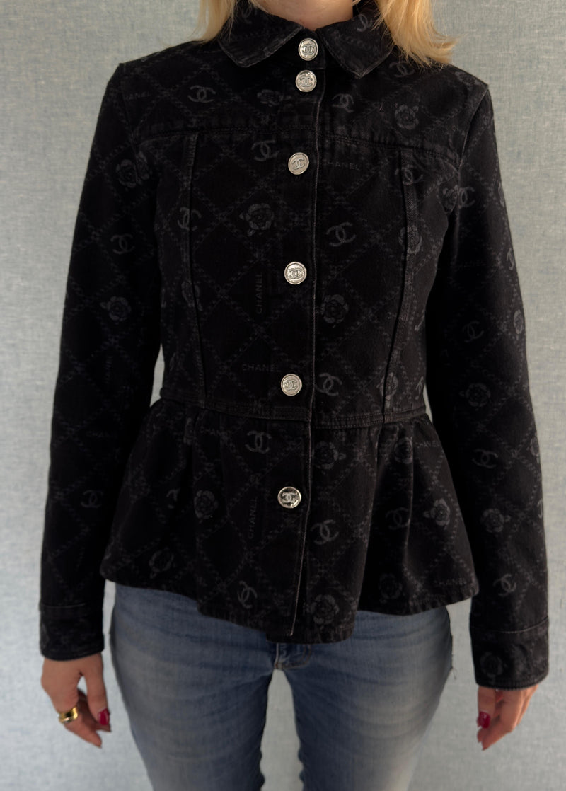 Chanel Black Camelia Denim Button Front Jacket