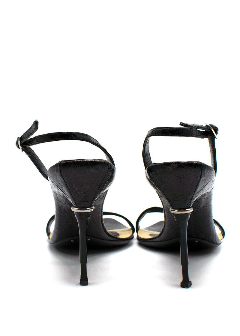Bottega Veneta Black Croc Embossed Ankle Strap Sandals